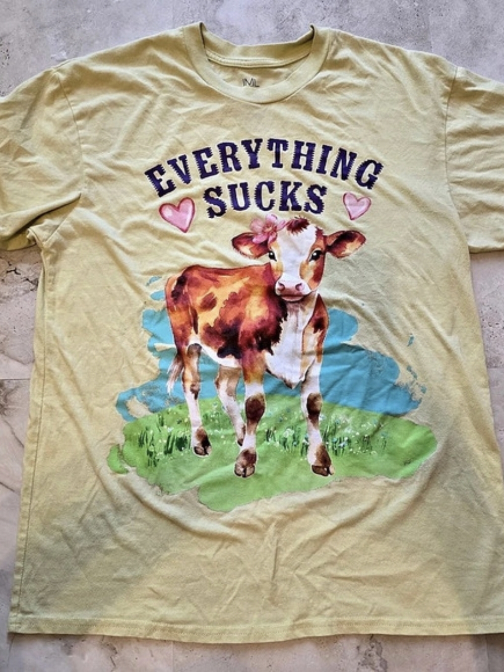 Isaac Morris Everything Sucks Cow Graphic T-Shirt Yellow Medium